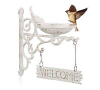 Relaxdays Bebedero Pájaros Hierro Fundido Welcome, Decoración Jardín, Montaje Pared, Retro, Fuente Aves, Color Blanco