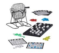 Relaxdays Bingo con Bombo de Metal, Juego Mesa, 1 Set, Cartones, Bolas, Fichas, Tableros, Plástico-Metal-Cartón, Negro
