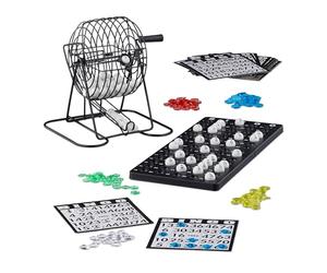 Relaxdays Bingo con Bombo de Metal, Juego Mesa, 1 Set, Cartones, Bolas, Fichas, Tableros, Plástico-Metal-Cartón, Negro