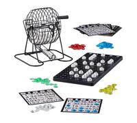 Relaxdays Bingo con Bombo de Metal, Juego Mesa, 1 Set, Cartones, Bolas, Fichas, Tableros, Plástico-Metal-Cartón, Negro