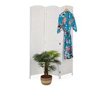 Relaxdays Biombo 3 Paneles, 170 x 120 cm, Tabique Interior, Madera y Cuerda Papel, Separador Ambientes Plegable, Blanco