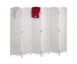 Relaxdays Biombo 6 Paneles, 170 x 240 cm, Separador Ambientes Plegable, Madera y Cuerda de Papel, Mampara en Blanco