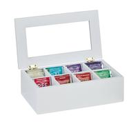 Relaxdays Blanca Caja de Té de Bambú 8 Compartimentos, 9x28x16 cm, Cápsulas y Bolsitas, con Tapa, a Prueba de Polvo