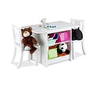 Relaxdays, Blanco Mobiliario Infantil Albus con Espacio de almacenaje, Una Mesa & Dos sillas, Diseño Unisex, Hierro, 56 x 75 x 46 cm