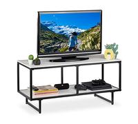 relaxdays, Blanco-Negro Mueble TV, Mesa Televisión, Diseño Abierto, 2 Repisas, DM-Melanina-Metal, 50,5 x 110,5 x 45,5 cm, Tablero de Fibras