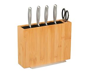 Relaxdays Bloque Cuchillos Cocina con Soporte Tijera, Taco Portacuchillos Bambú y Plástico, 23x30x12 cm, Natural/Negro