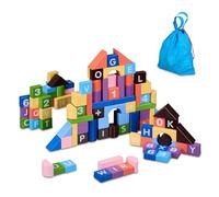 Relaxdays Bloques Madera, Set 108 Piezas con Bolsa, Letras y Números, Cubos Construcción, a Partir de 3 Años, Multicolor, Tablero de Fibras, 3 x 3 x 1,5 cm