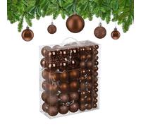 Relaxdays Bolas Árbol Navidad, Set de 138 Unidades, Plástico, Brillantes y Mates, Decoración Navideña, Adornos, Marrón, 3, 4 y 6 cm