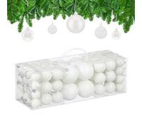 Relaxdays Bolas Árbol Navidad, Set de 76 Unidades, Plástico, Brillantes y Mates, Decoraciones Navideñas, Adornos, Blanco, 3, 4 y 6 cm