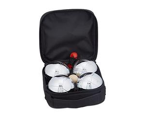 Relaxdays Bolas Petanca, 4 Pelotas Metal, Set con Bola de Tiro y Medidor de Distancia, Bolsa Transporte, Negro/Plateado