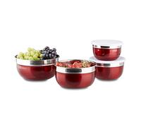 Relaxdays Boles con Tapa, Set de 4, Acero INOX y Plástico, Rojo, Diferentes Tamaños