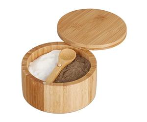 Relaxdays Bote Sal con Tapa y Cuchara, Salero 2 Compartimentos Bambú, Cierre Magnético, Especias, 6,5 x 12,5 cm, Natural