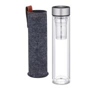 Relaxdays Botella de Té con Infusor 500 ml, Cantimplora Infusiones, Cristal, Apta Lavavajillas, Funda, Transparente/Gris, 28,5 x 7 cm