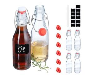 Relaxdays Botellas Cristal Vacías, Pack de 6, 250 ml, Tapón Mecánico, para Licor, Aceite, con Etiquetas, Transparentes