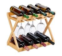 Relaxdays Botellero con Soporte para Copas, 8 Botellas y 6 Vasos, Bambú, 35 x 45 x 23 cm, Estante Vino Vertical, Natural, Tablero de Fibras
