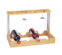 Relaxdays Botellero para 4 Botellas y 4 Copas de Vino, Bambú-Aluminio, Marrón, 33 x 50 x 25 cm