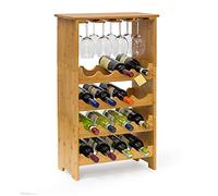 Relaxdays 10013871 Botellero Vino de Bambú, 84 x 50 x 24 cm, Estante 16 Botellas y 12 Copas, 3 Niveles, Apilable, Marrón Natural, 24x50x84 cm
