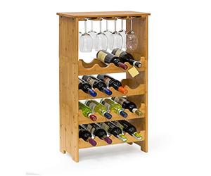 Relaxdays Botellero Vino de Bambú, 84 x 50 x 24 cm, Estante 16 Botellas y 12 Copas, 3 Niveles, Apilable, Marrón Natural