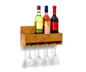Relaxdays Botellero Vinos Pared, Estante 4 Botellas y 4 Copas, 17 x 37 x 11,5 cm, Estantería Bambú, Marrón Natural