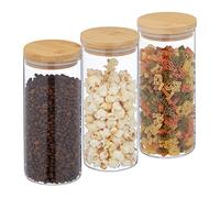 Relaxdays 1300 ml Botes Cristal, Set 3, Recipientes Cocina Grandes, Tapa Bambú, Tarros Herméticos, Transparente/Natural