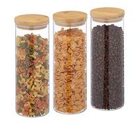 Relaxdays 1600 ml Botes Cristal, Set 3, Recipientes Cocina Grandes, Tapa Bambú, Tarros Herméticos, Transparente/Natural