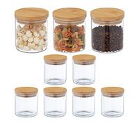 Relaxdays Botes Cristal 500 ml, Set 9, Recipientes Cocina Redondos, Tapa Bambú, Tarros Herméticos, Transparente/Natural
