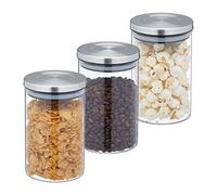 Relaxdays Botes Cristal 800 ml, Set 3, Recipientes Cocina, Tapa Acero Inoxidable, Tarros Herméticos, Transparente/Plata