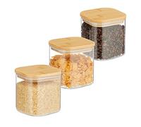Relaxdays Botes Cristal con Tapa Bambú, Set de 3, Recipientes Cuadrados 600 ml, Tarros Herméticos, Transparente/Natural