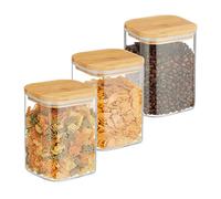 Relaxdays Botes Cristal con Tapa Bambú, Set de 3, Recipientes Cuadrados 900 ml, Tarros Herméticos, Transparente/Natural, Silicona