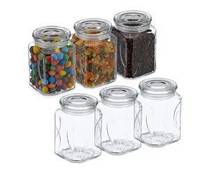Relaxdays Botes Cristal con Tapa, Set de 6, Vidrio, 750 ml, Recipientes Cuadrados, Tarros Herméticos, Transparente