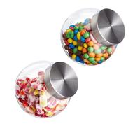 Relaxdays Botes Cristal, Set 2, 1,5L, Recipiente Caramelos, Alimentos, Mesa Chuches, Tapa Acero Inoxidable, Transparente, 1,5 L