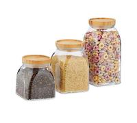 Relaxdays Botes Cristal, Set de 15, 600, 1000, 1400 ml, Cereales, Pasta, Legumbres, Tapa de Bambú, Transparente/Natural