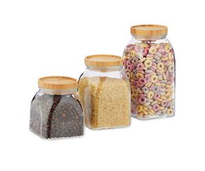 Relaxdays Botes Cristal, Set de 3, 600, 1000, 1400 ml, Cereales, Pasta, Legumbres, Tapa de Bambú, Transparente/Natural