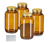Relaxdays Botes Cristal, Set de 4, 400 ml, con Tapa y Etiquetas, Tarros para Hierbas, Especias, Medicina, Marrón/Dorado, 80% Vidrio