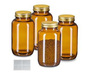 Relaxdays Botes Cristal, Set de 4, 400 ml, con Tapa y Etiquetas, Tarros para Hierbas, Especias, Medicina, Marrón/Dorado