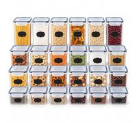 Relaxdays Botes Herméticos para Cocina Multitamaño Set de 24, Transparente | Contenedores de Alimentos con Clic y Etiquetas, Plástico