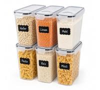 Relaxdays Botes Herméticos para Cocina Set de 6, Transparente | Tarros de Almacenamiento para Despensa con Clic y Etiquetas, Plástico, 2,5 L