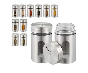 Relaxdays Botes para especias, Dosificadores, Tres modos, Cristal & Acero Inoxidable, 12 Uds., Plateado