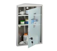 Relaxdays Botiquín Pared Esquinero, 3 Estantes, Armario Medicina, 45x30x17,5 cm, Llave, Acero y Puerta Vidrio, Plateado, Inoxidable