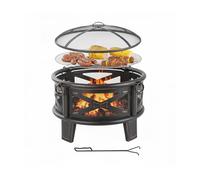 Relaxdays Brasero Ø 66 cm con Parrilla, Protector de chispas y atizador, Hoguera de jardín, Negro y Bronce, 58 x 66 x 66