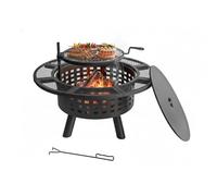Relaxdays Brasero, Ø 91,5 cm, Parrilla Regulable, Tapa y atizador, para jardín, Negro