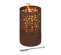 Relaxdays Brasero cilíndrico con Protector, Atizador y Parrilla, Brasero de Exteriores, 60x37 cm, Acero corten, Marrón