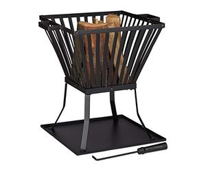 Relaxdays Brasero de jardín XL, con atizador, Chimenea de terraza, para Madera, 56x56,5x45 cm, Negro