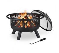 Relaxdays Brasero Exterior con Atizador y Cubierta Antichispas, Estufa de Leña Jardín y Terraza, Acero, 58x75 cm, Negro