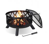 Relaxdays Brasero Exterior con Protector Antichispas, Cuenco Fuego Jardín y Terraza, Atizador, Acero, Ø 62 cm, Negro