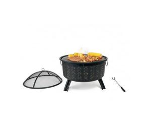 Relaxdays Brasero, HxØ 62 x 66 cm, con Parrilla, Negro | Protector de chispas y atizador, hogar de jardín