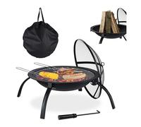 Relaxdays Brasero para jardín, Parrilla de Barbacoa, Atizador, Tapa contra chispas, Cuenco para hogueras, 56,5 cm, Negro, mit Tragetasche