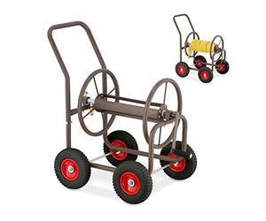 Relaxdays Brauner Schlauchwagen aus Stahl Carro Portamangueras, hasta 60 m, 4 Ruedas Neumáticas, Acoplamiento por Clic, Soporte Mangueras Metal, Marrón, Acero, 81 x 50 x 80 cm