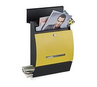 Relaxdays Buzón Correos Exterior con Compartimento Periódico, De Pared, Acero, 1 Ud, 45 x 35 x 11 cm, Negro y Amarillo