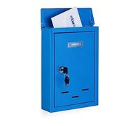 Relaxdays identificación Buzón Pared Vertical, Placa para Nombres, Metal, con 2 Llaves, de Exterior, Estrecho, 30,5 x 21 x 7 cm, Azul, Hierro